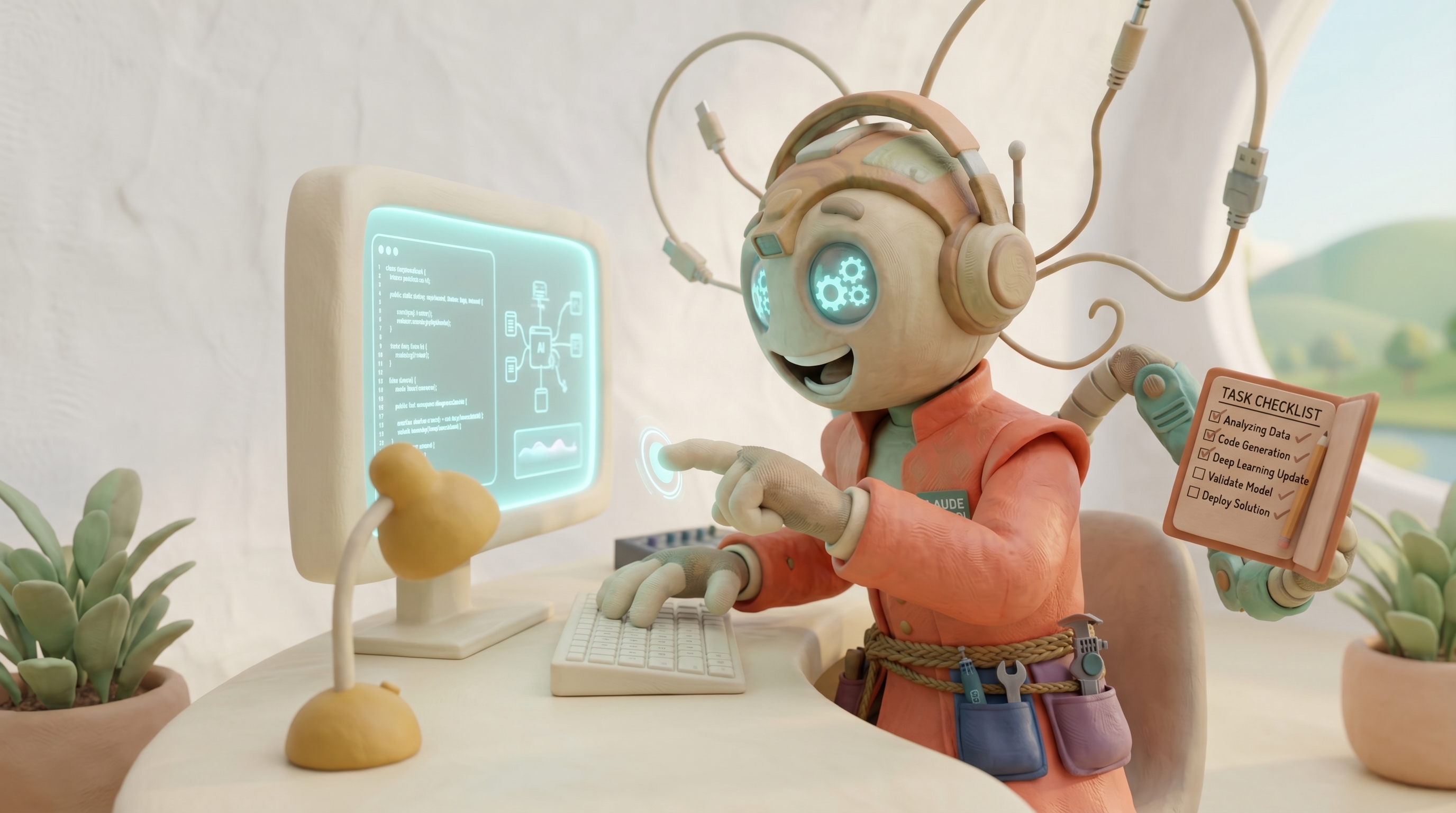 סוכן AI מפלסטלינה יושב מול מחשב, יד על המקלדת וצ׳קליסט ביד השנייה